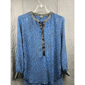 Jessica Simpson Blue & Black Animal Print Sheer Blouse SZ S Cute Chic Careerwear
